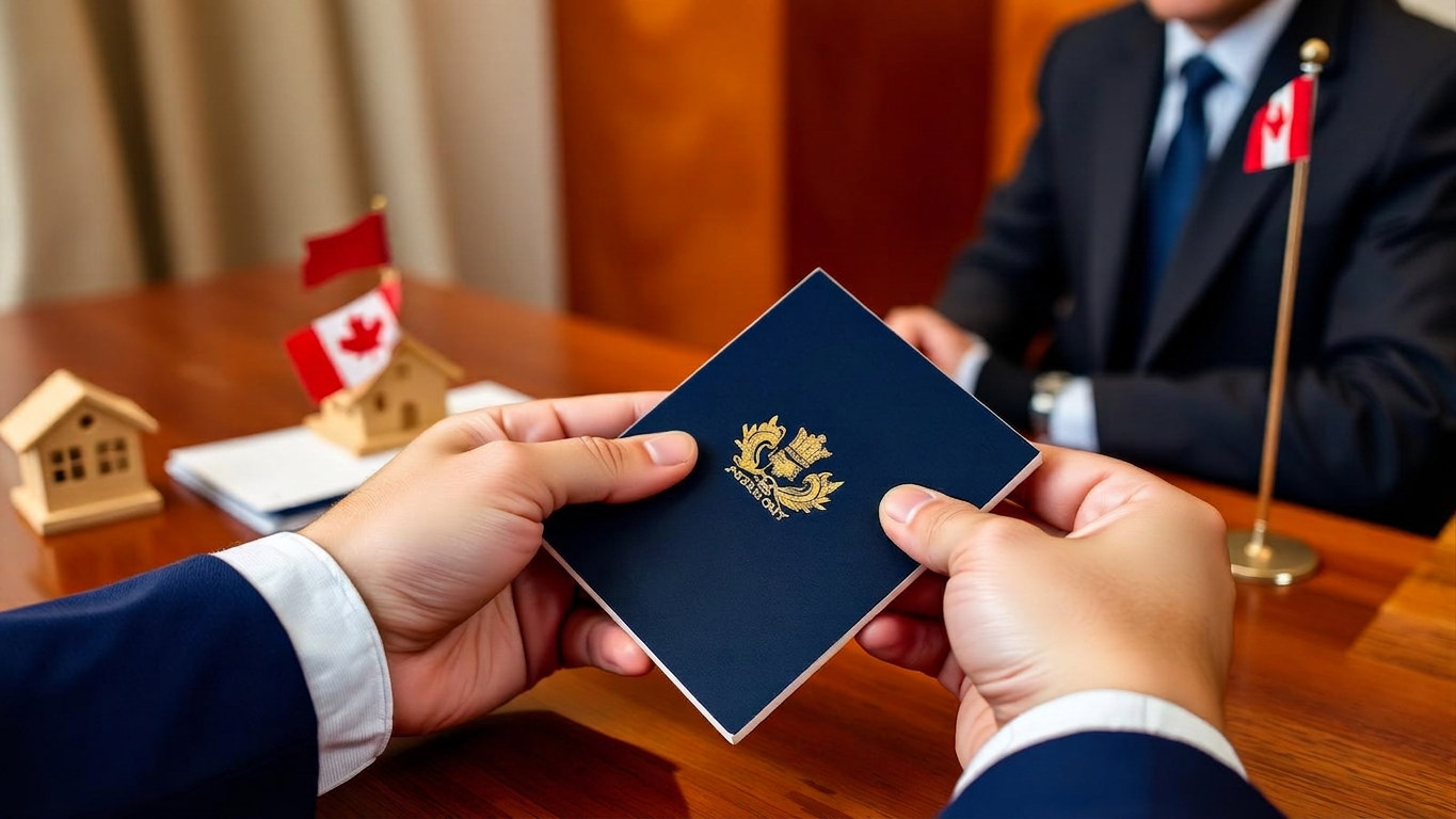 A Canadian passport handed across a desk